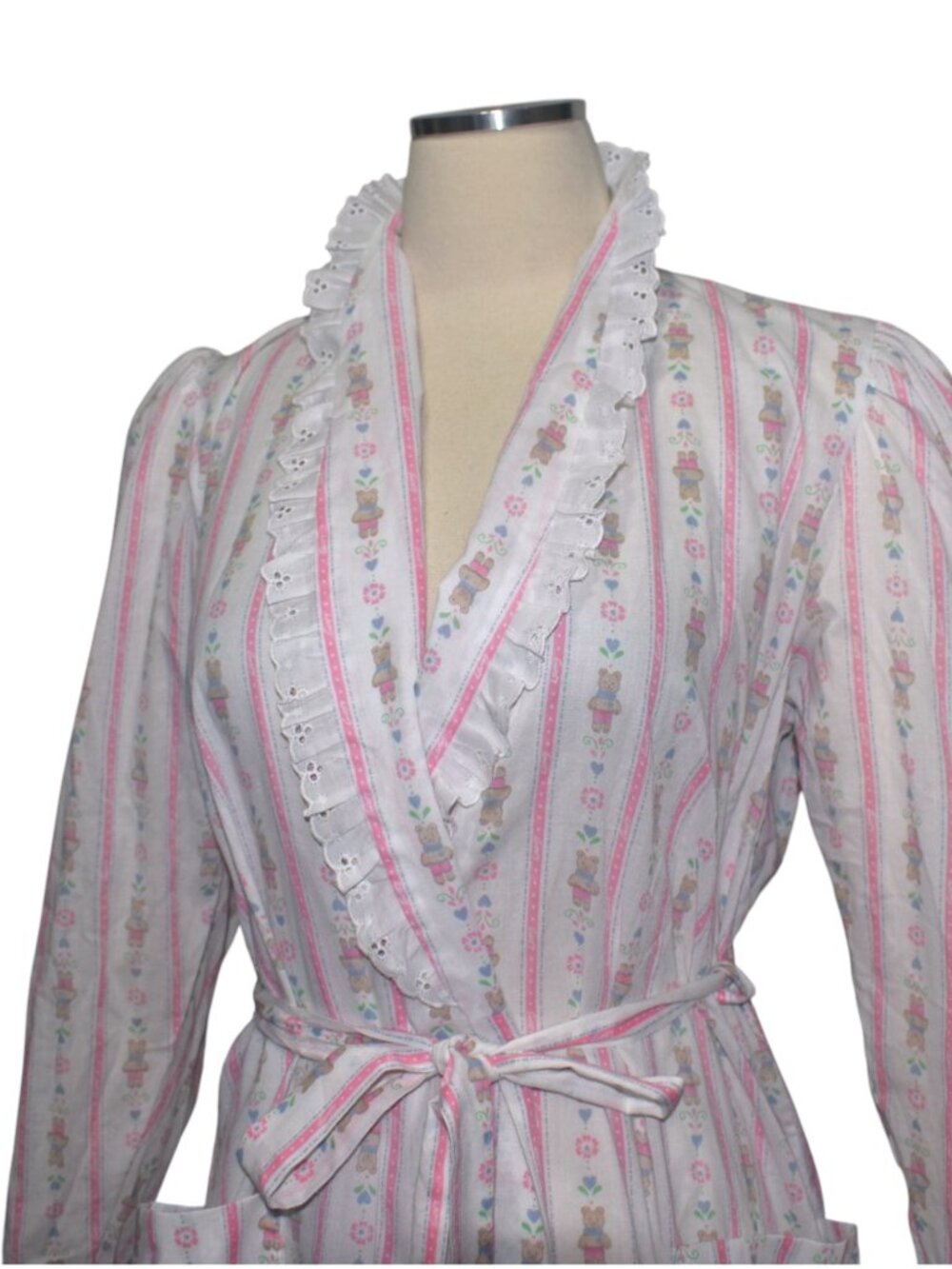 Vintage 80s Lanz Teddy Bear Robe Pink Floral Stripe Eyelet Trim Cottagecore S M
